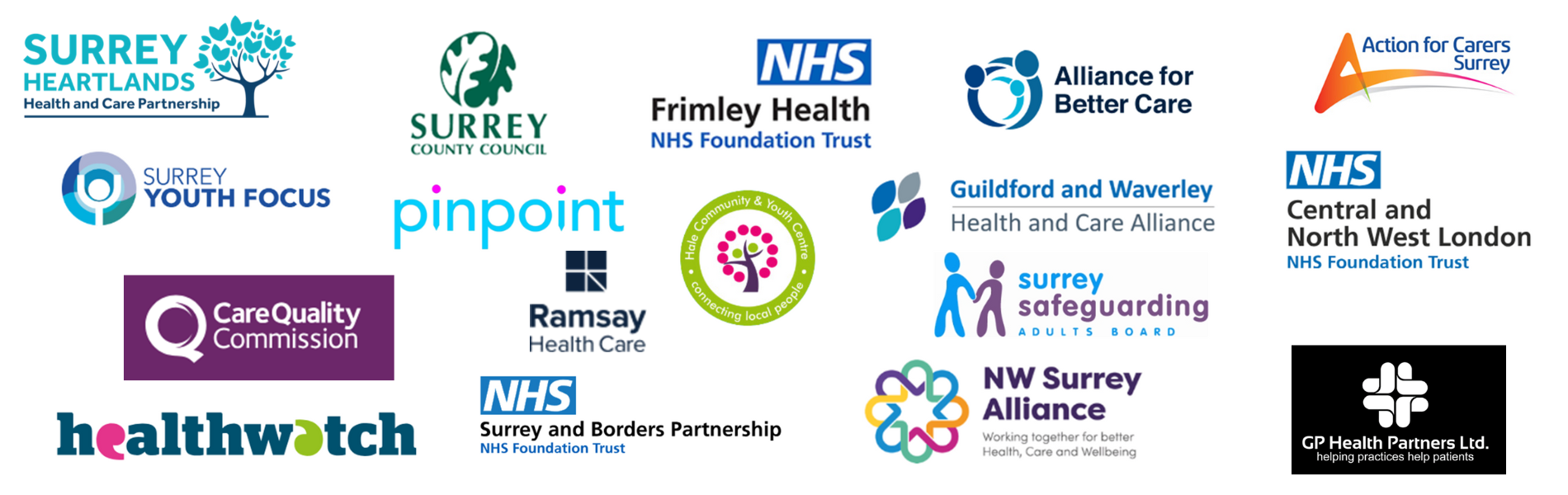 Logos of the different organisations we have worked with: Surrey Heartlands Health and Care Partnership, Surrey County Council, NHS Frimley Health NHS Foundation Trust, Alliance for Better Care, Action for Carers Surrey, Surrey Yputh Focus, PinPoint, Hale Community & Youth Centre, Guildford and Waverley Health and Care Alliance, NHS Central and North West London NHS Foundation Trust, Care Quality Commission, Ramsay Health Care, Surrey Safeguarding Adults Board, Healthwatch England, NHS Surrey and Borders Partnership NHS Foundation Trust, North West Surrey Alliance, GP Health Partners Ltd.