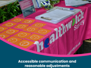Front page of our presentation - a table covered with a Healthwatch Surrey tablecloth. On it are cards showing different drawings of different facila emotions