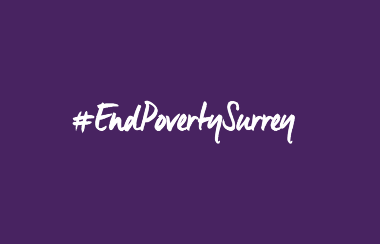 On adrak purple background the #EndPovertySurrey logo is displayed