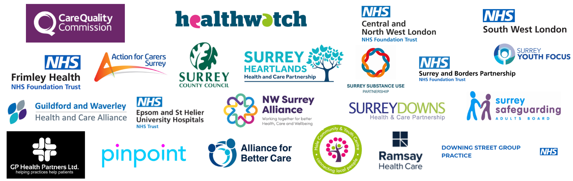Logos of the different organisations we have worked with from left to right, top to bottom: Care Quality Commission, Healthwatch England, NHS Central and North West London NHS Foundation Trust, NHS South West London, NHS Frimley Health NHS Foundation Trust, Action for Carers Surrey, Surrey County Council, Surrey Heartlands Health and Care Partnership, Surrey Substance Use Partnership, NHS Surrey and Borders Partnership NHS Foundation Trust, Surrey Youth Focus, Guildford and Waverley Health and Care Alliance, NHS Epsom and St Helier University Hospitals NHS Trust, North West Surrey Alliance, Surrey Downs Health and Care Partnership, Surrey Safeguarding Adults Board, GP Health Partners Ltd., PinPoint, Alliance for Better Care, Hale Community & Youth Centre, Ramsay Health Care, Downing Street Group Practice (NHS).
