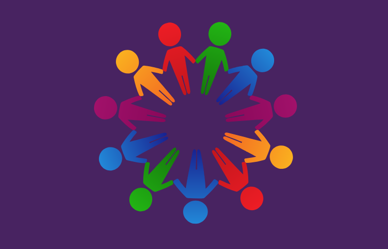 A graphic of a circle of brightly coloured people all holding hands.