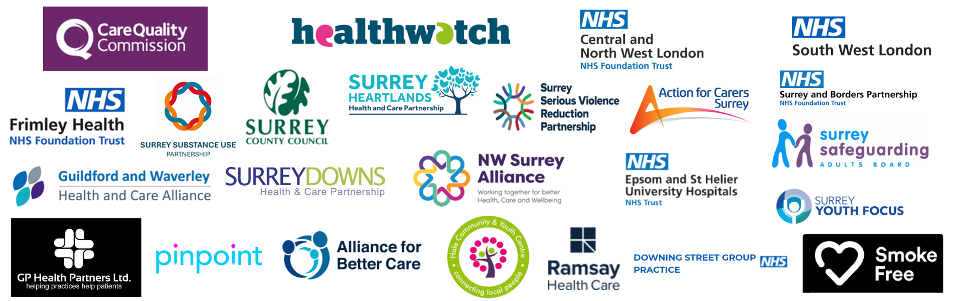 Logos of the different organisations we have worked with from left to right, top to bottom: Care Quality Commission, Healthwatch England, NHS Central and North West London NHS Foundation Trust, NHS South West London, NHS Frimley Health NHS Foundation Trust, Surrey Substance Use Partnership, Surrey County Council, Surrey Heartlands Health and Care Partnership, Surrey Serious Violence Reduction Partnership, Action for Carers Surrey, NHS Surrey and Borders Partnership NHS Foundation Trust, Surrey Safeguarding Adults Board, Guildford and Waverley Health and Care Alliance, Surrey Downs Health and Care Partnership, North West Surrey Alliance, NHS Epsom and St Helier University Hospitals NHS Trust, Surrey Youth Focus, GP Health Partners Ltd., PinPoint, Alliance for Better Care, Hale Community & Youth Centre, Ramsay Health Care, Downing Street Group Practice (NHS), Smoke Free.