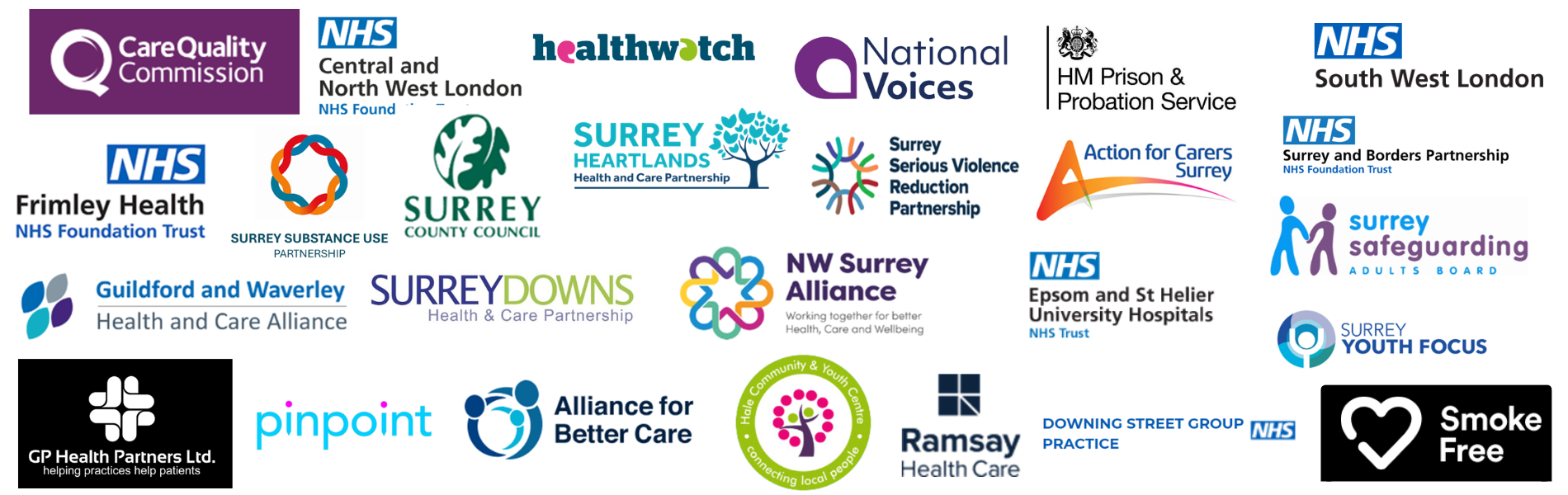 Logos of the different organisations we have worked with from left to right, top to bottom: Care Quality Commission, NHS Central and North West London NHS Foundation Trust, Healthwatch England, National Voices, HM Prison & Probation Service, NHS South West London, NHS Frimley Health NHS Foundation Trust, Surrey Substance Use Partnership, Surrey County Council, Surrey Heartlands Health and Care Partnership, Surrey Serious Violence Reduction Partnership, Action for Carers Surrey, NHS Surrey and Borders Partnership NHS Foundation Trust, Surrey Safeguarding Adults Board, Guildford and Waverley Health and Care Alliance, Surrey Downs Health and Care Partnership, North West Surrey Alliance, NHS Epsom and St Helier University Hospitals NHS Trust, Surrey Youth Focus, GP Health Partners Ltd., PinPoint, Alliance for Better Care, Hale Community & Youth Centre, Ramsay Health Care, Downing Street Group Practice (NHS), Smoke Free.